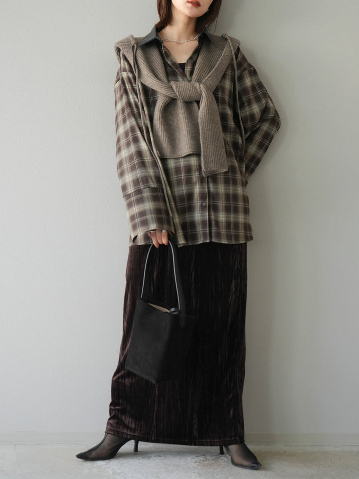 [SET]レザー襟オンブレチェックオーバーシャツ +クラッシュベロアナロースカート(2set)