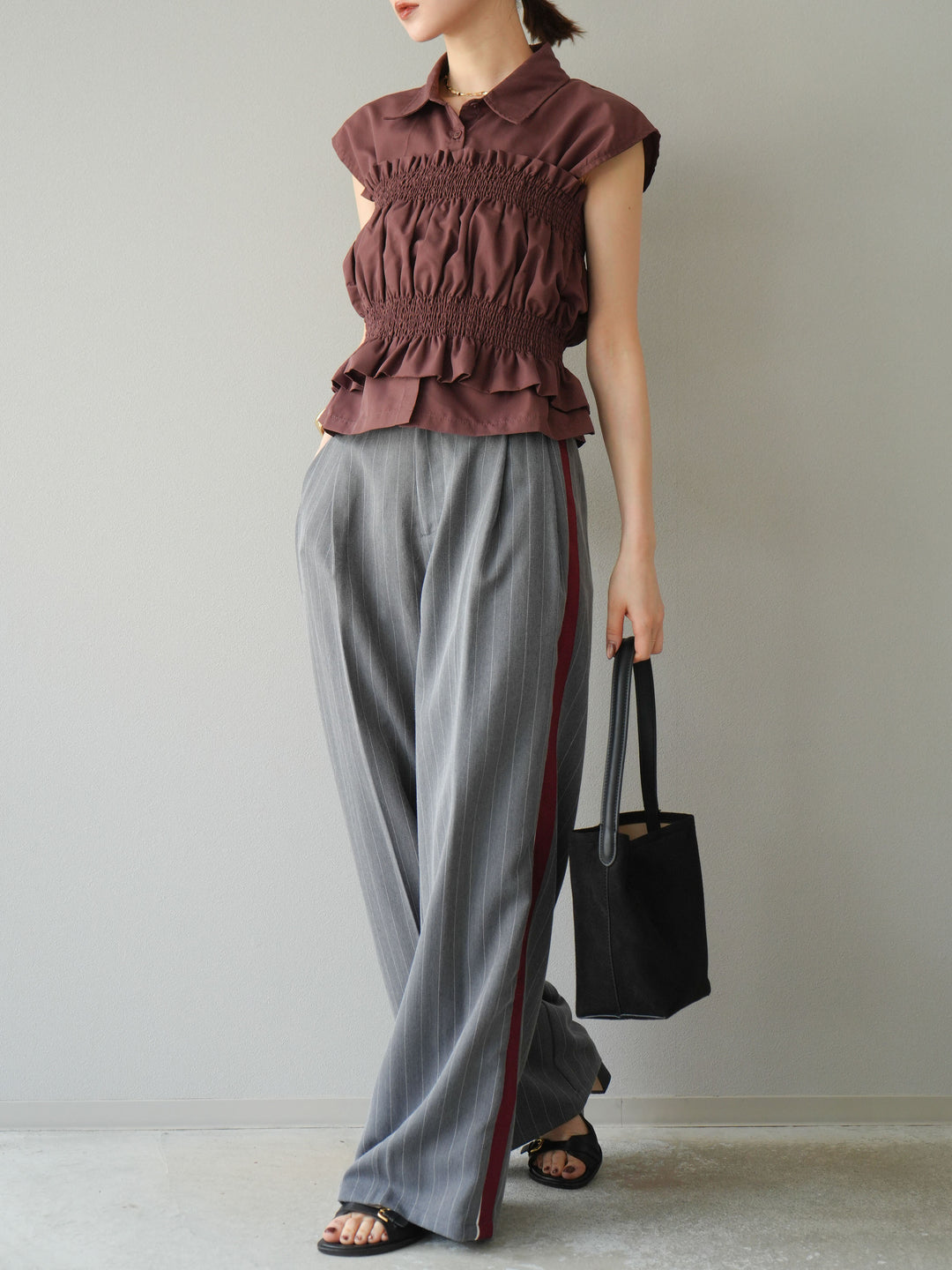 [予約]ブロードシャーリングビスチェ＆ノースリブラウスSET /ブラウン