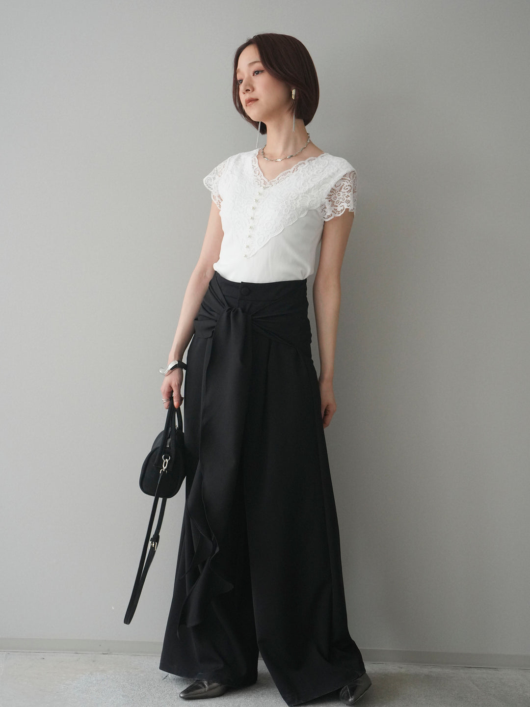 [SET]パールボタンレース切替ニットトップス+ラッフルベルトワイドパンツ(2set)