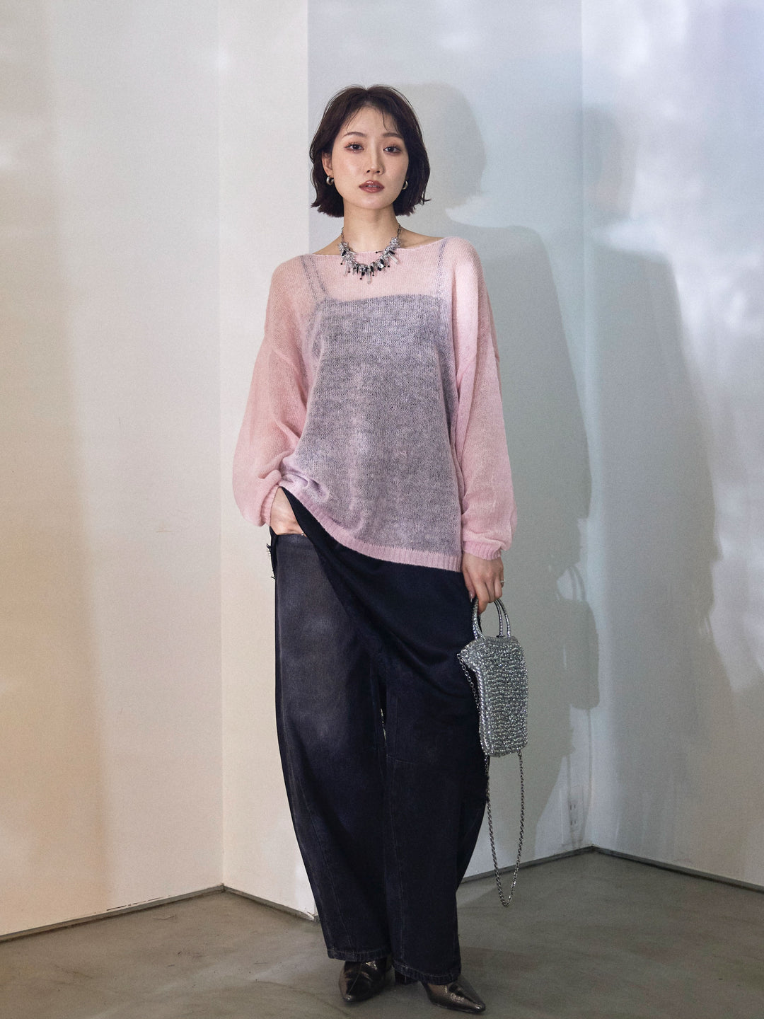 【Allure】[SET]モヘアタッチ透かし編みボートネックニットプルオーバー+アシメカーブデニムパンツ(2set)