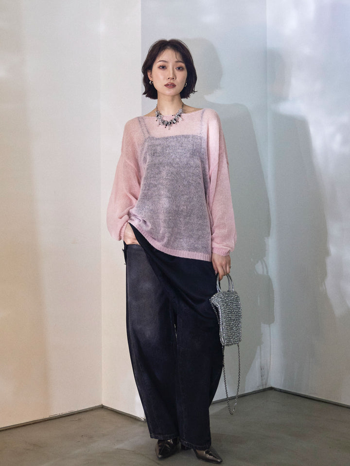 【Allure】[SET]モヘアタッチ透かし編みボートネックニットプルオーバー+アシメカーブデニムパンツ(2set)