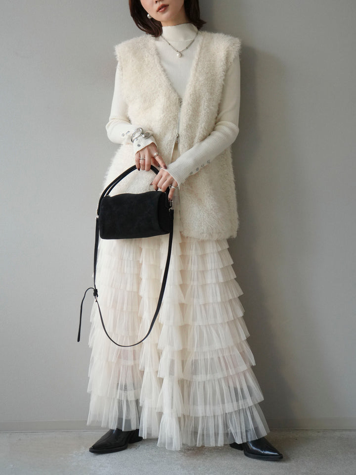 [予約]袖ボタンボトルネックリブニットトップス/アイボリー