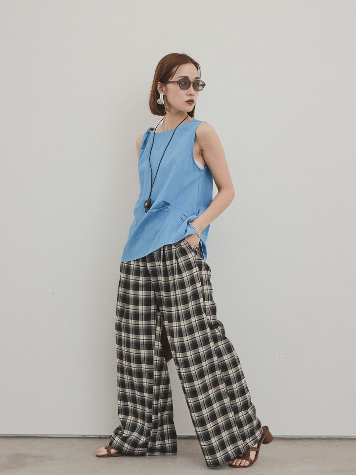 [SET] 扭紋無袖上衣配皮項鍊 + 格紋寬褲 (2 件套)