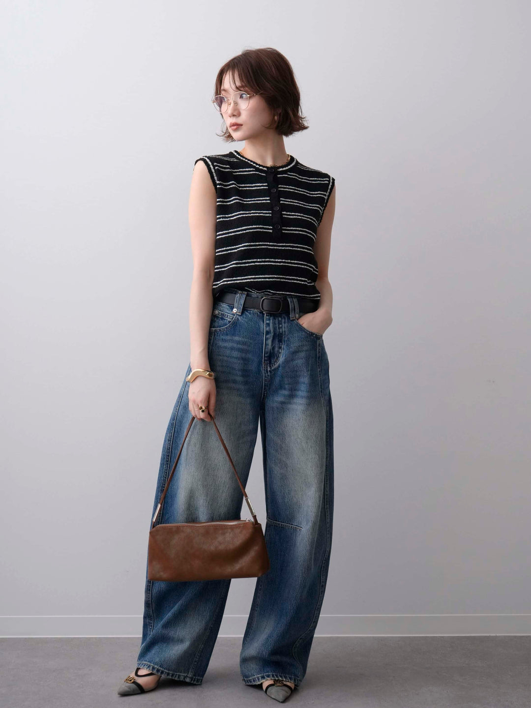 [SET]ボーダーヘンリーノースリニットトップス+立体カーブデニムパンツ(2set)