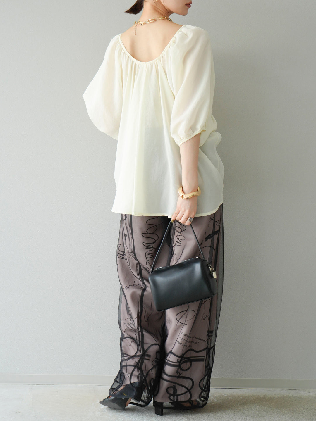 [SET]コード刺繍チュールレイヤードパンツ+ペイント柄タックパンツ(2set)