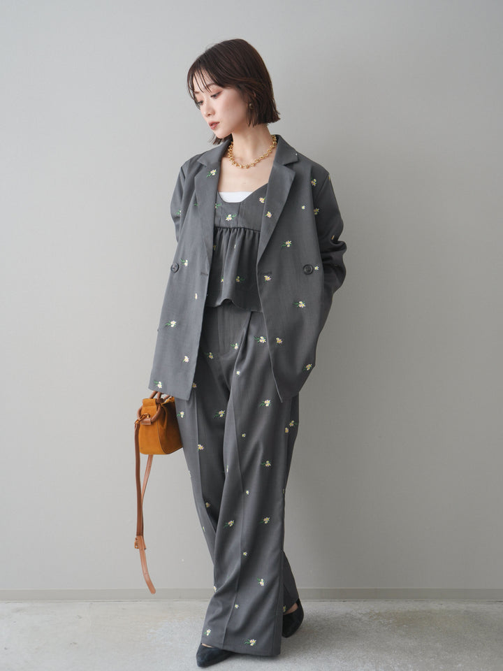 [予約]フラワー刺繍タックパンツ/gray
