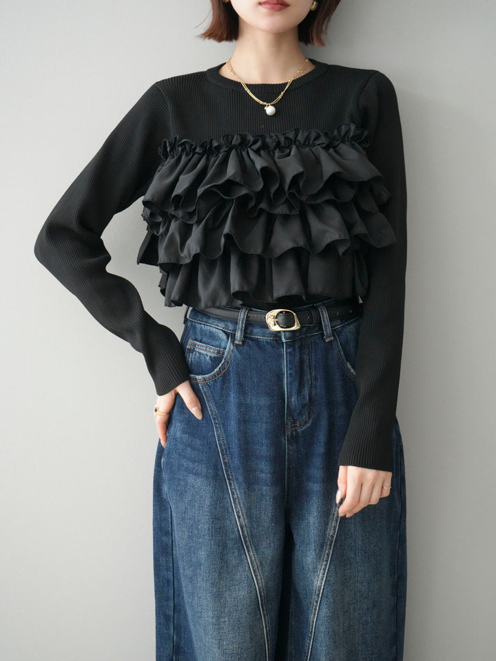 [予約]フリルビスチェドッキングスポンジニットプルオーバー/black