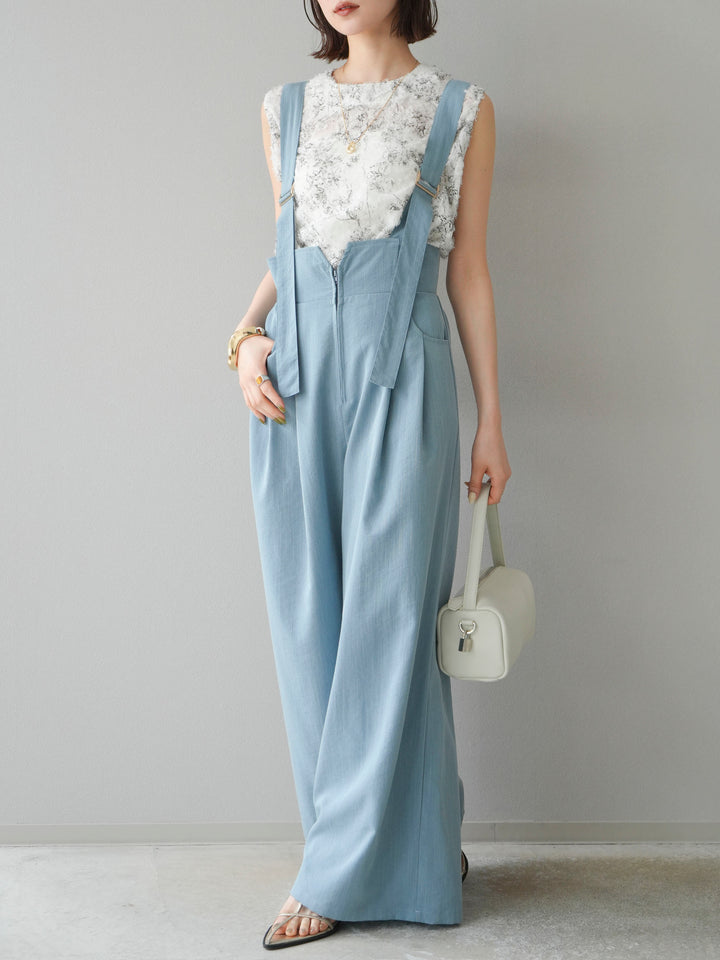 [SET]ストリングデザインハイウエストサロペット+ニュアンスフリンジジャガードノースリーブブラウス(2set)