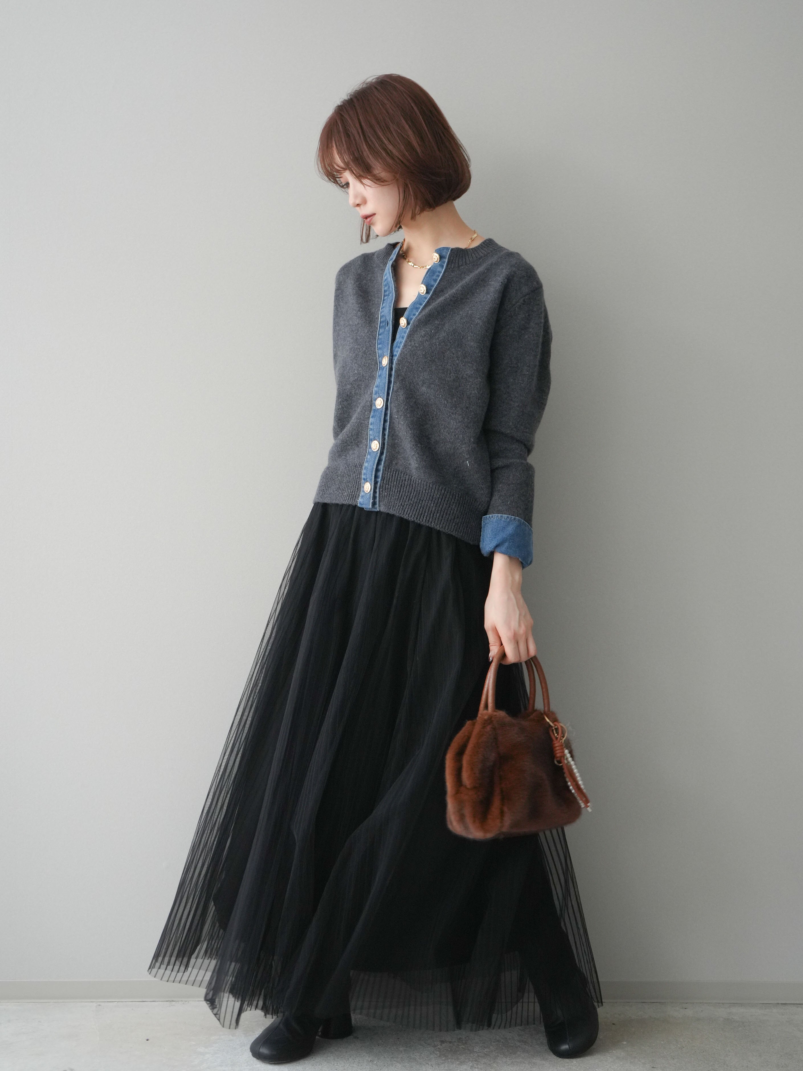 SET]クルーネックデニムドッキングニットカーディガン+チュール