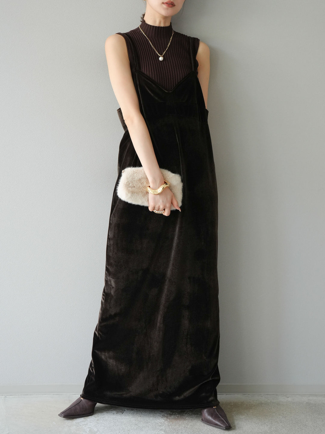 [予約]ベロアビスチェキャミワンピース/ブラウン