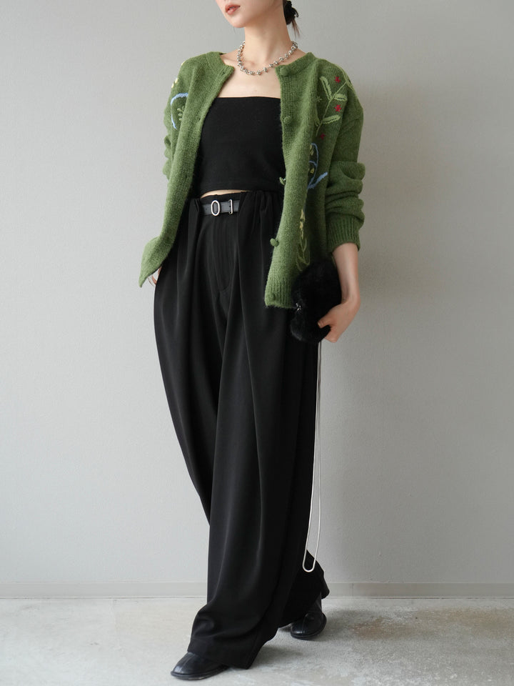 [SET]フラワー刺繍ニットカーディガン+ベルト付タックワイドパンツ(2set)