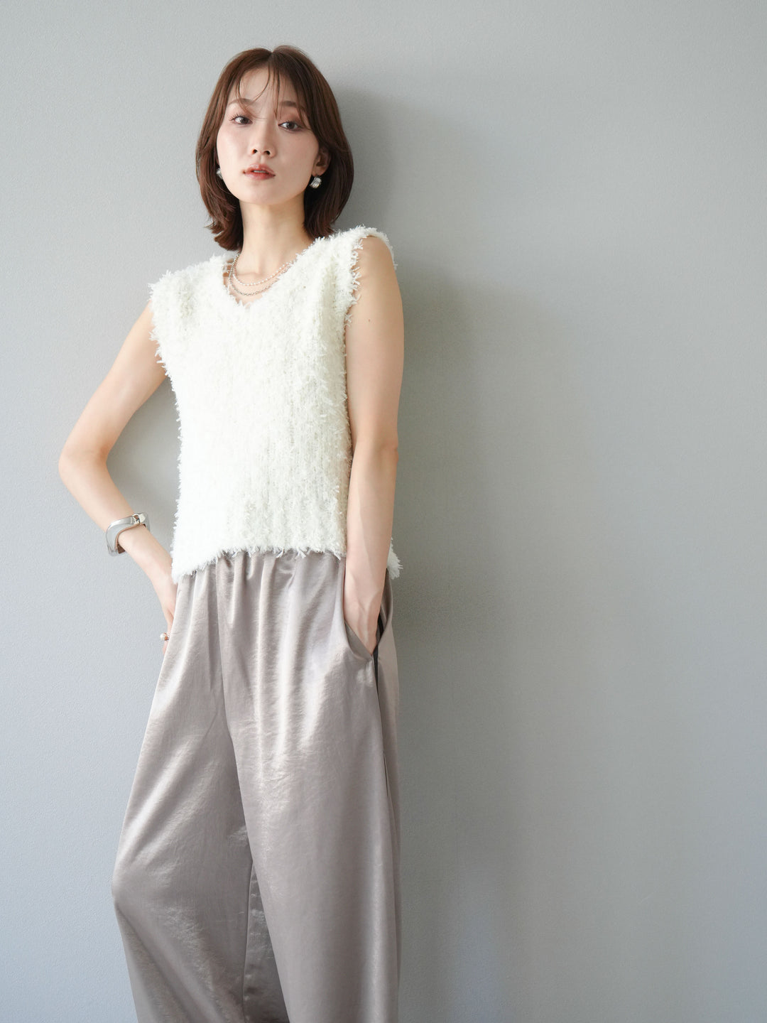 [予約]テープヤーンフリンジニットベスト/アイボリー