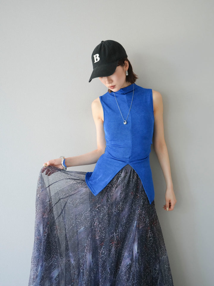 [予約]フロントスリットレーヨンニットトップス/ブルー