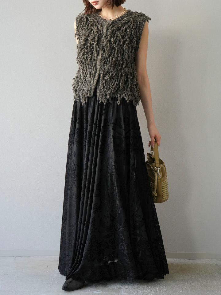 [SET]フリンジループニットベスト+アンティーク柄フロッキーマキシスカート(2set)