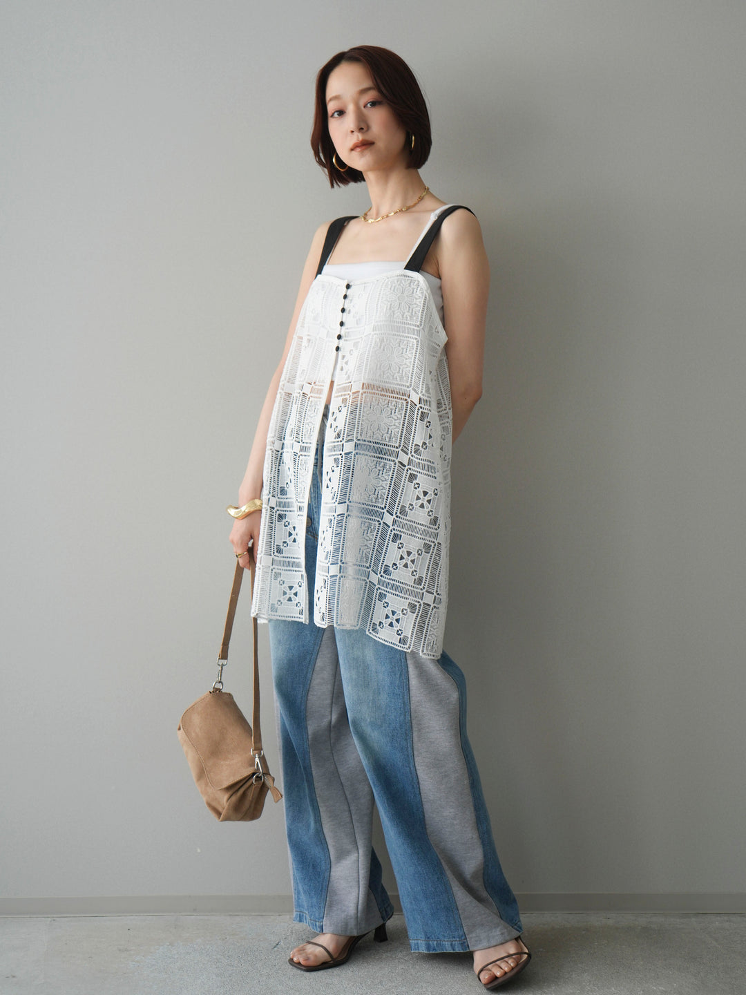 [SET]配色パネルレースキャミソール+デニム切替スウェットパンツ(2set)