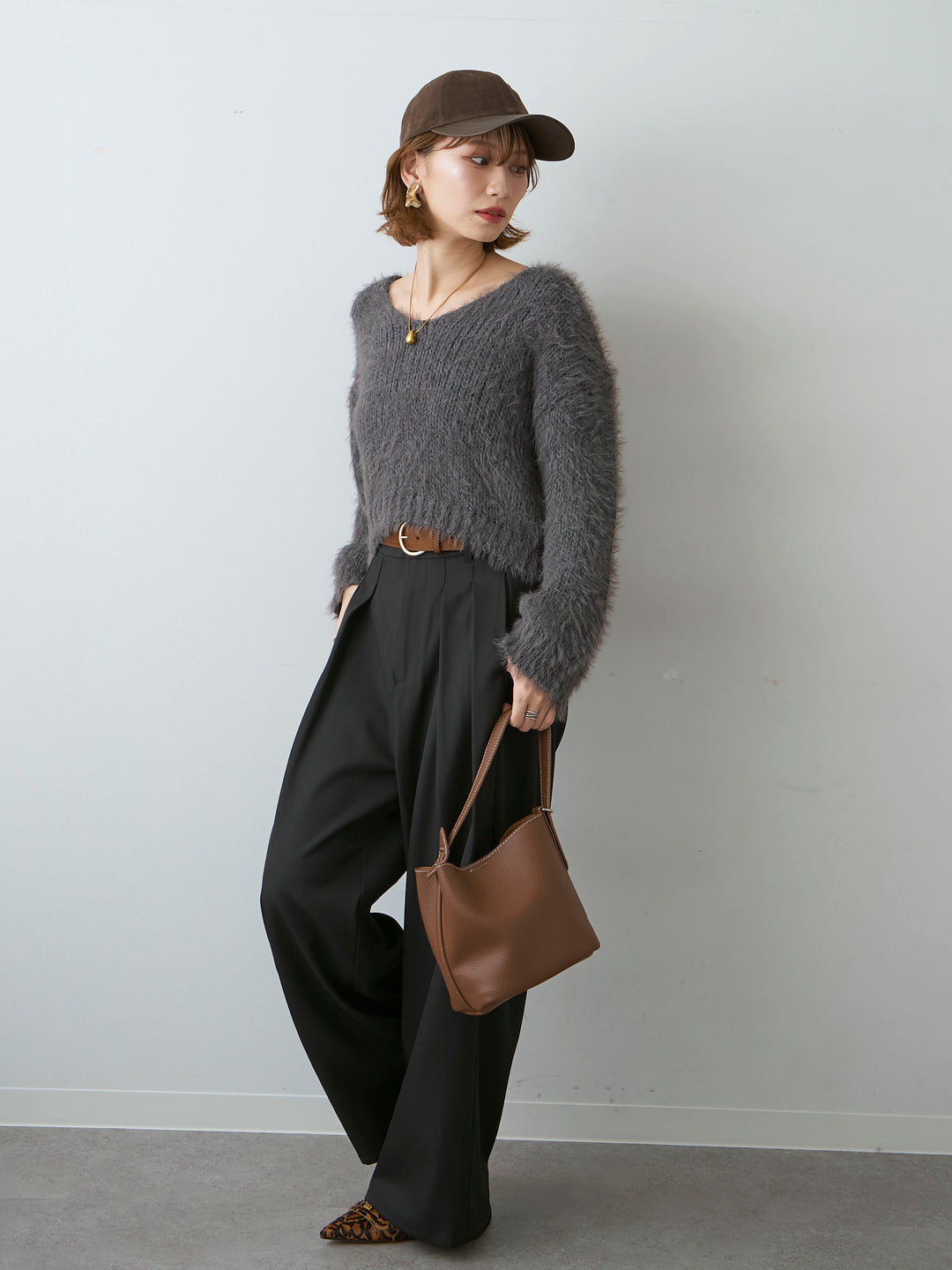[SET]Vネックシャギークロップニットトップス+ツイルタックワイドパンツ(2set)
