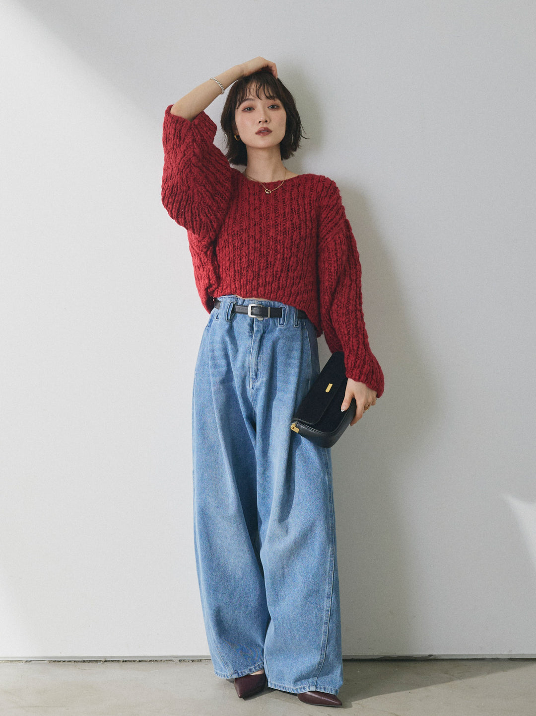 【Allure】[SET]クロップドチャンキースラブニットプルオーバー+ハイウエストベルトループデザインデニムパンツ(2set)