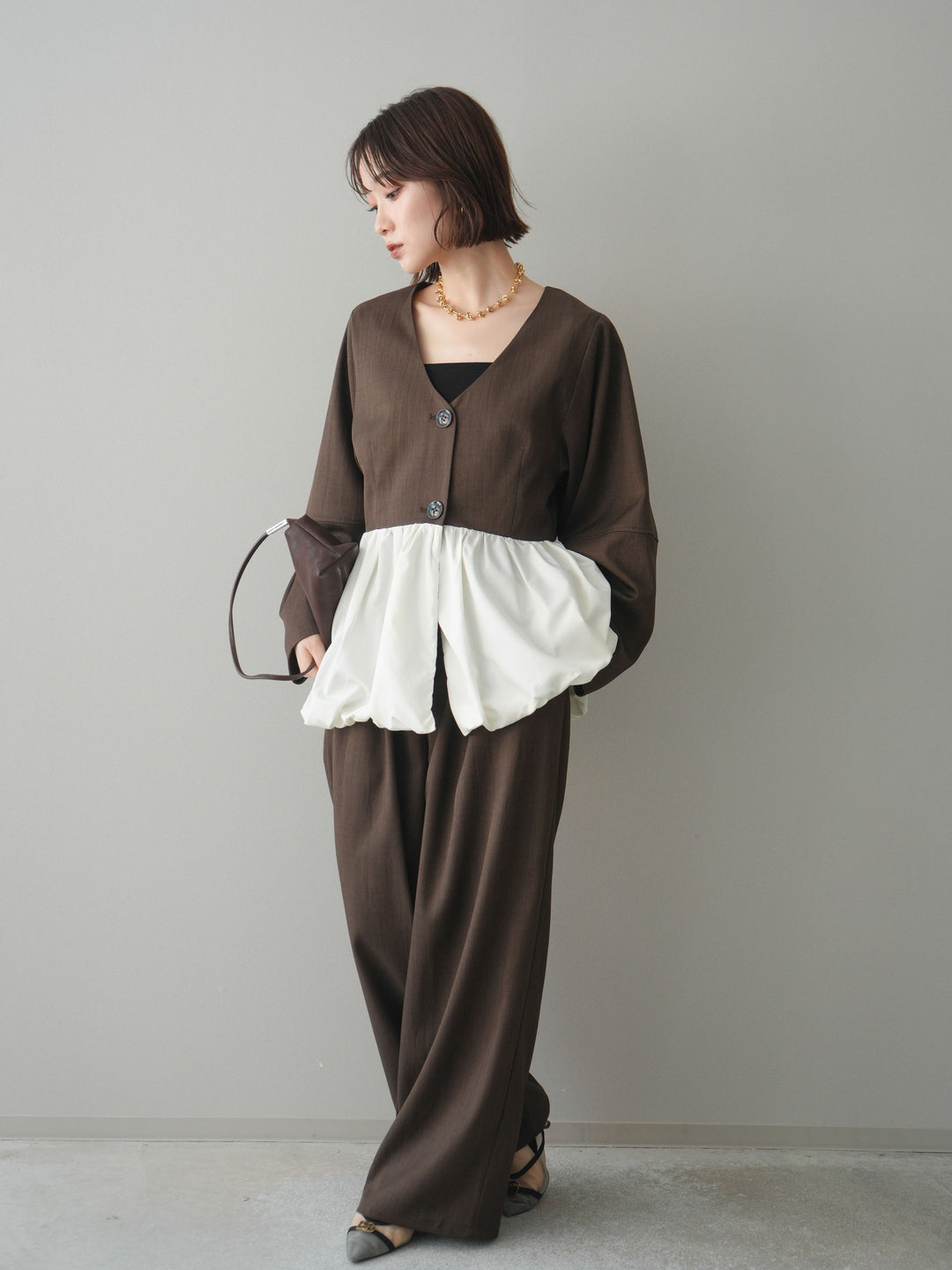 [予約]異素材ドッキングメニータックワイドパンツ/brown