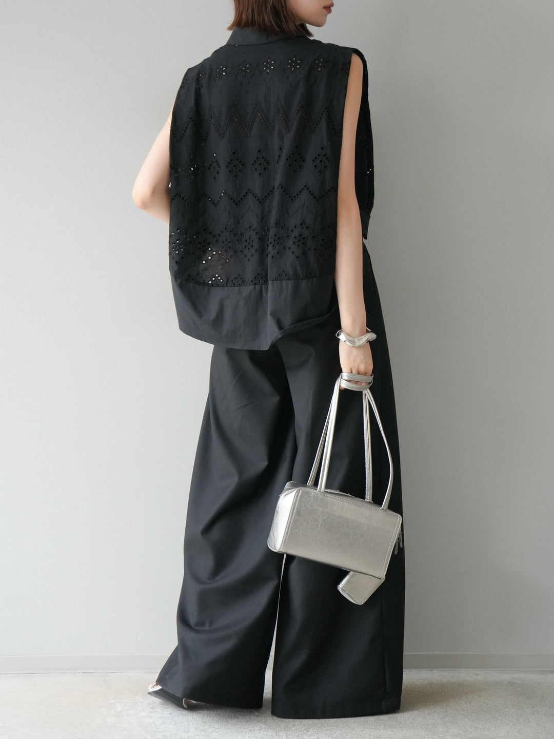 [予約]ウエスト折り返しロゴタックワイドパンツ/ブラック