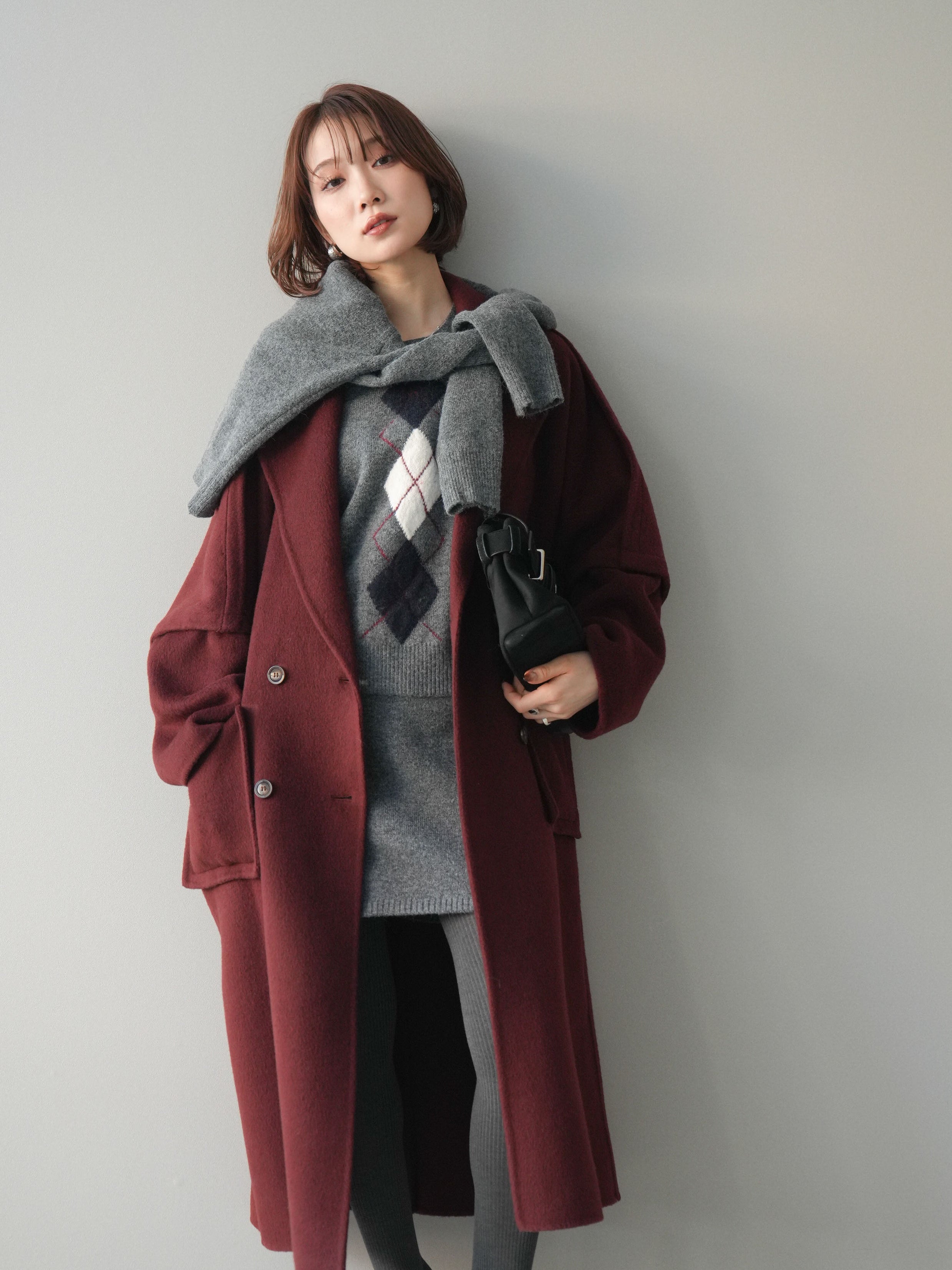 SET]アーガイル柄3ピースSET UP+カシミヤダブルブレストロングコート