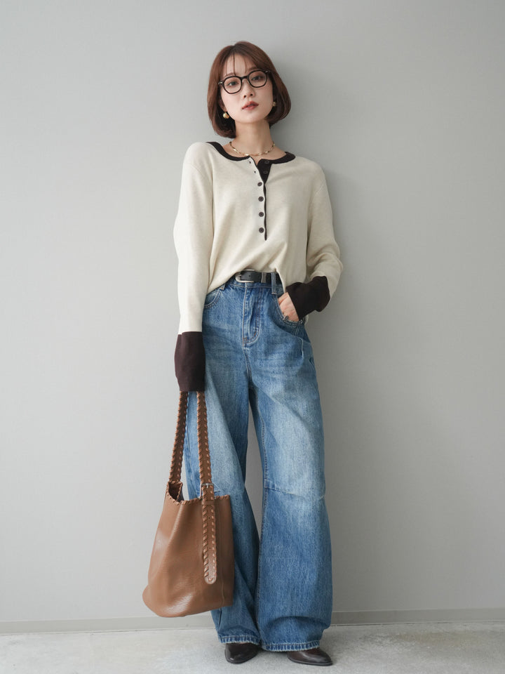 [SET]ヘンリーネック配色ニットソー+ヘンリーネック配色ニットソー(2set)