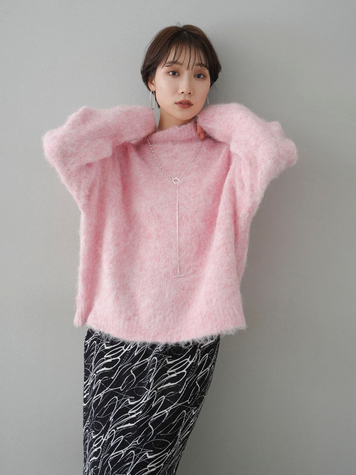 [Pre-order] High-neck wool blend mohair-touch shaggy knit pullover/pink