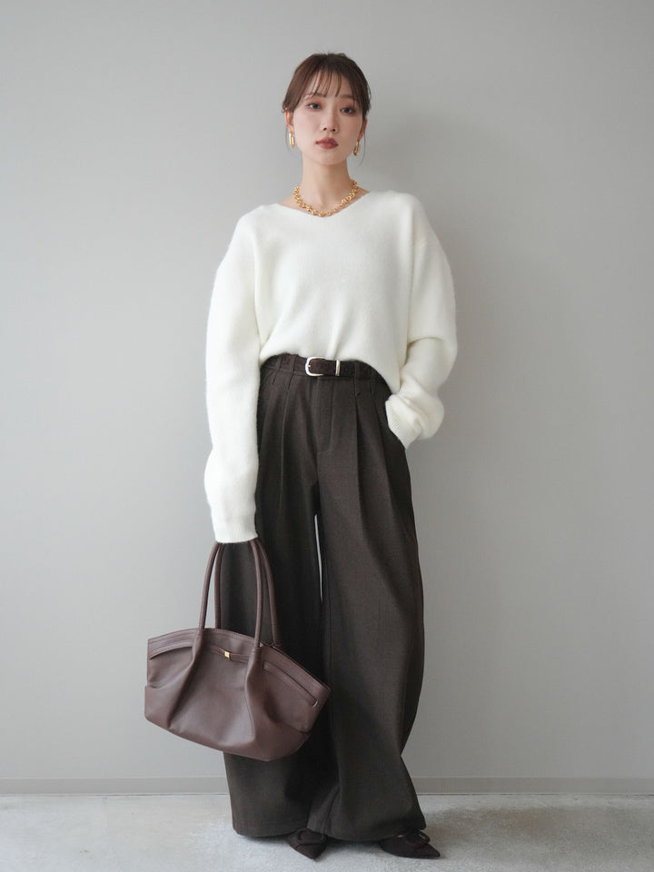 [予約]シュシュ付きアンゴラタッチVネックニットプルオーバー/white