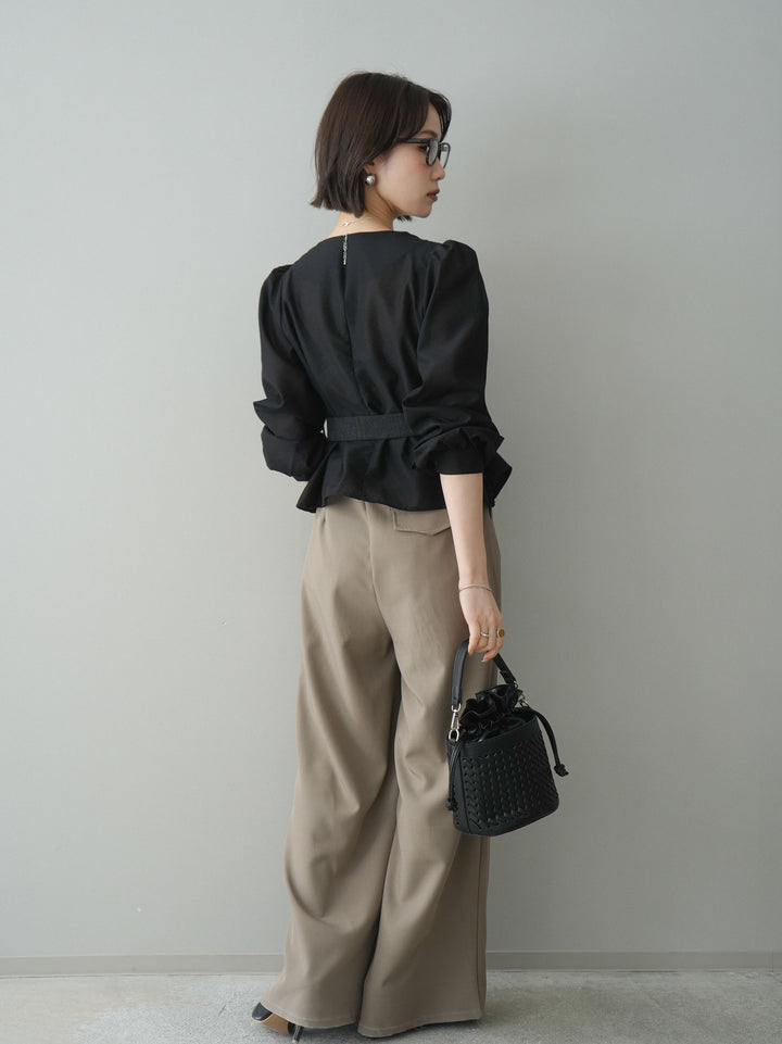 [SET]異素材ビスチェドッキングブラウス+ベルト付キーホルダーモチーフワイドパンツ(2set)