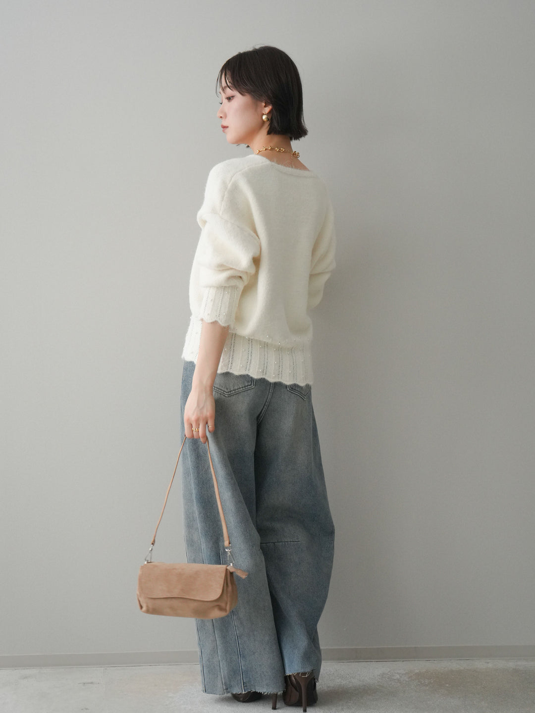 [予約]裏起毛カットオフカーブデニムパンツ/blue