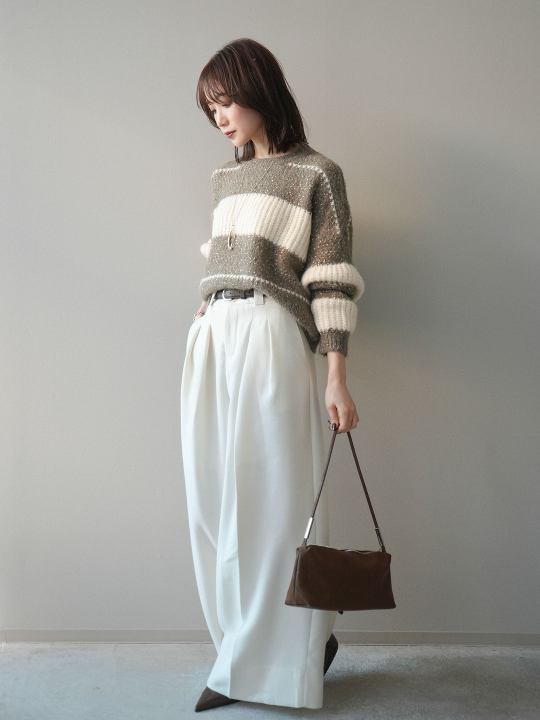 [SET]ネップヤーンボーダーニットプルオーバー+ウールタッチベルト付ワイドパンツ(2set)