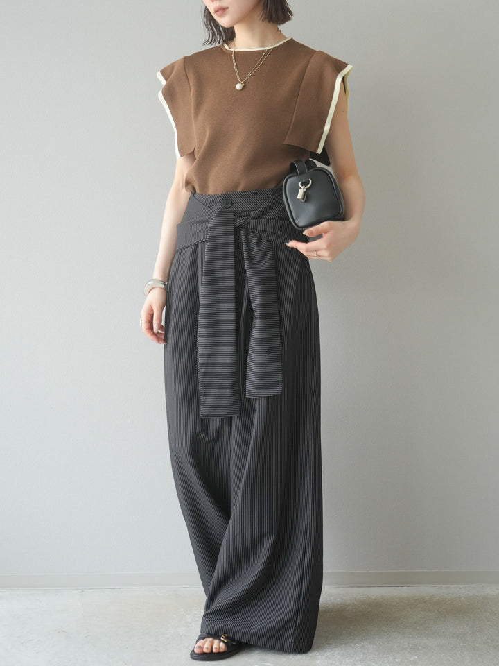 【預購】條紋裹腰闊腿褲/黑色
