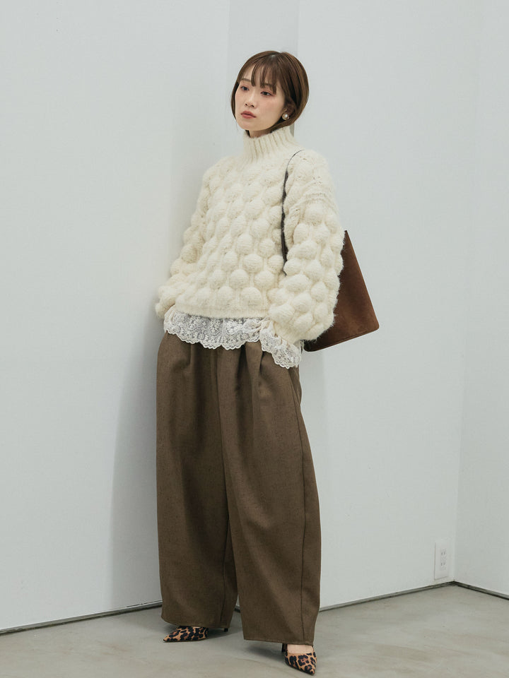 【Allure】[SET]ポップコーンハイネックニットプルオーバー+ハイネックレーストップス+モックスカルゼサイドタックコクーンパンツ(3set)