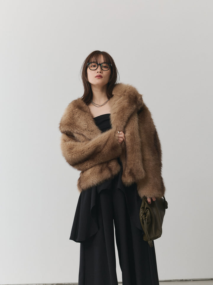 【Allure】[SET]ぺプラムベアトップス＆ワイドパンツSET UP+フェイクファービックカラージャケット(2set)