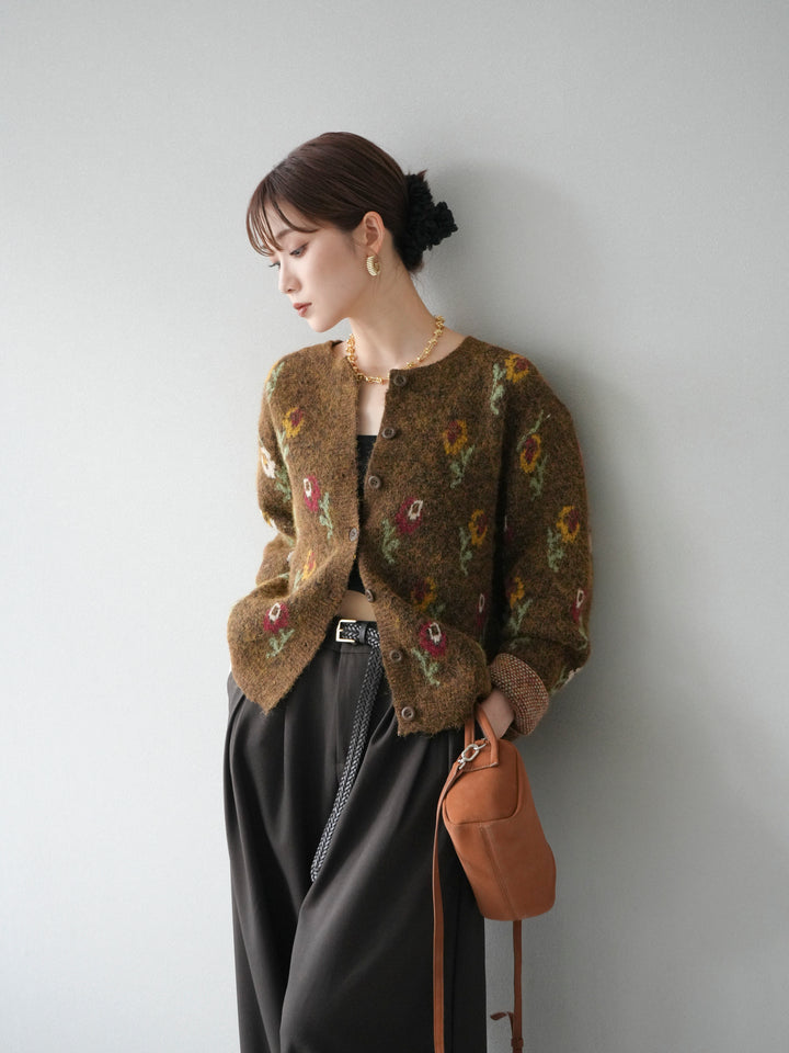 [予約]ウールタッチフラワーニットカーディガン/ブラウン