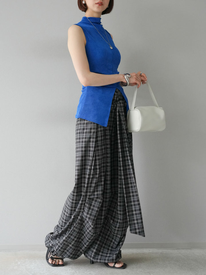 [予約]チェック柄ウエスト巻きドロストパンツ/ブラック