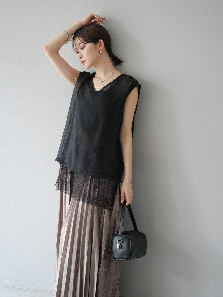 [予約]レースレイヤードオーガンジートップス/ブラック