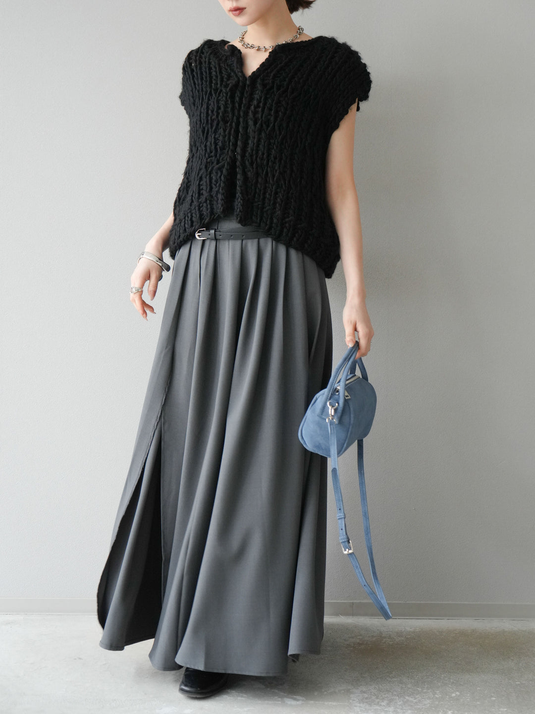 [予約]エステルプリーツスリットスカート/グレー