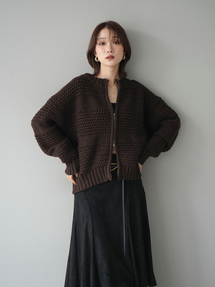 [予約]ケーブル編みZIPニットカーディガン/brown