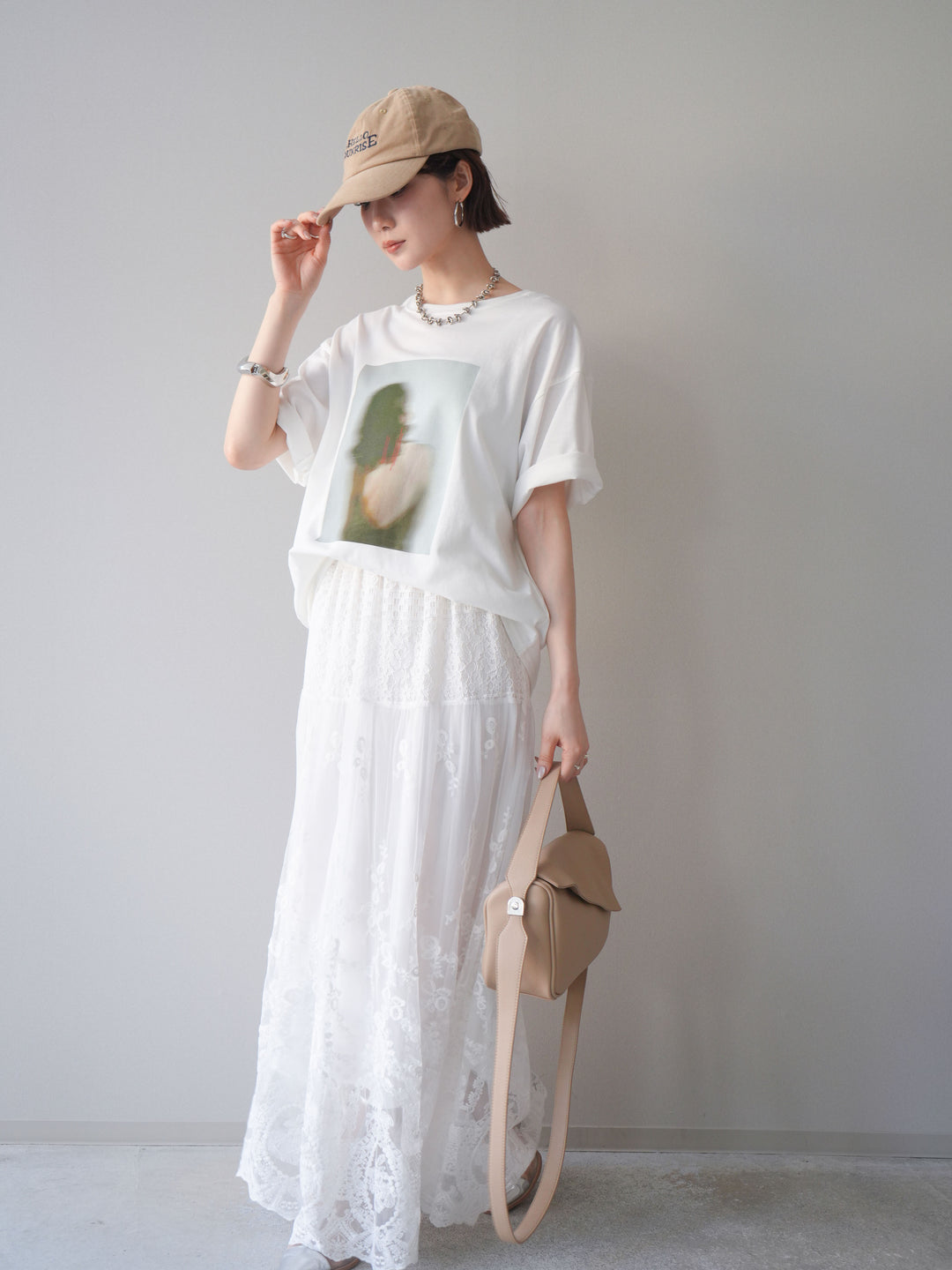 [SET]ブラーアートフォトTシャツ+シアーレースマキシスカート(2set)