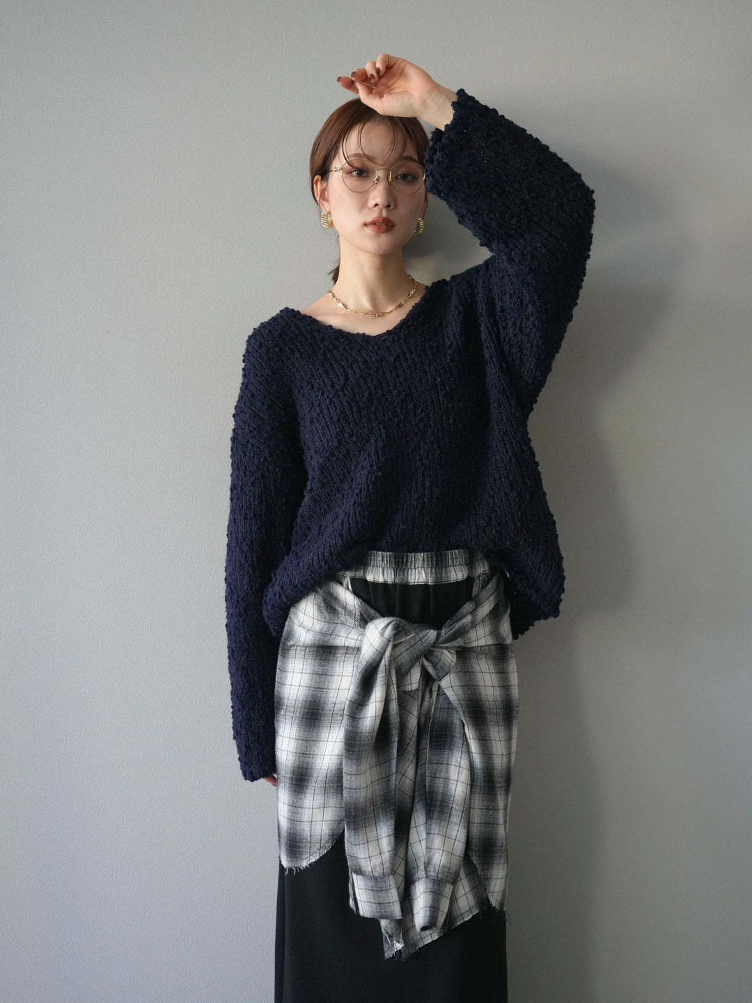 [予約]メランジポコポコニットプルオーバー/navy