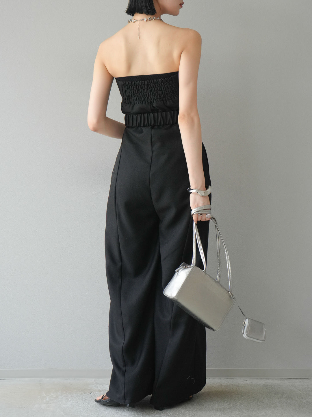 【預購】混色斜紋腰帶熊圖案工裝褲/黑色