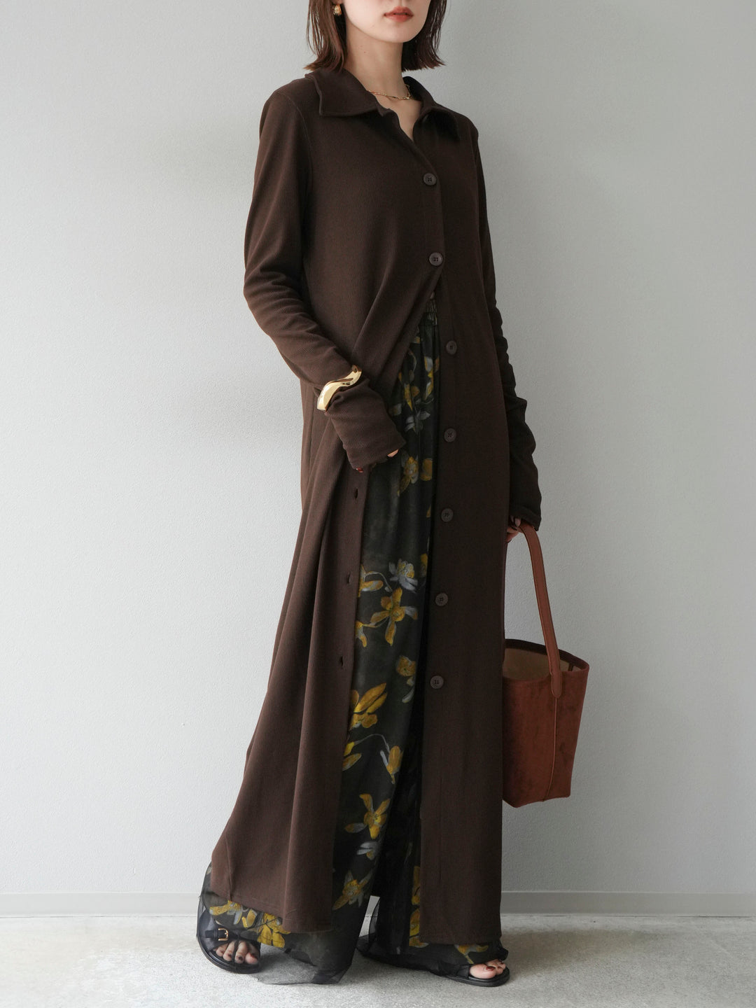 [SET]襟付きカットリブボタンワンピース+フラワープリントチュールレイヤードパンツ(2set)