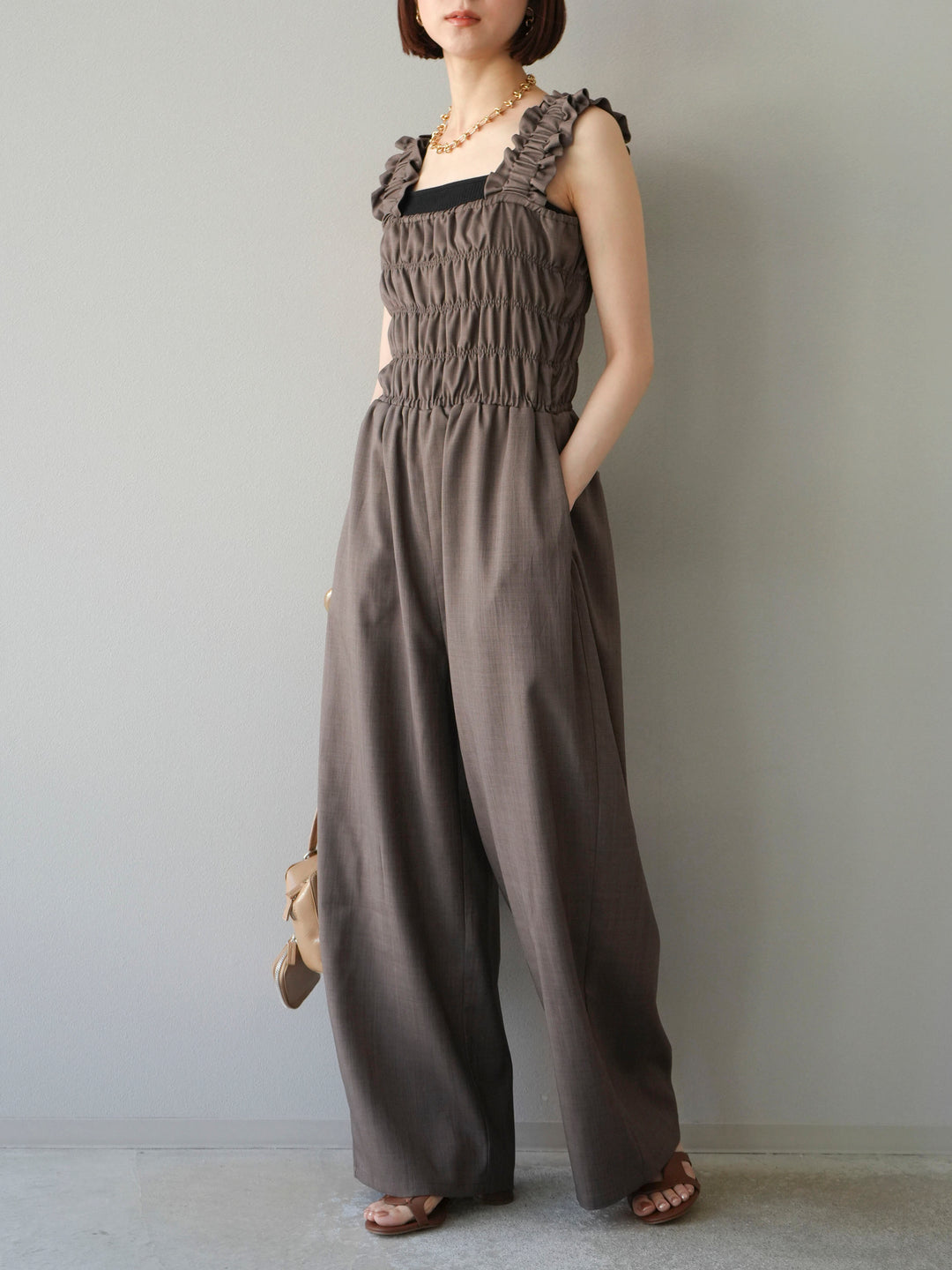 [予約]ヘザーエステルシャーリングサロペット/ブラウン