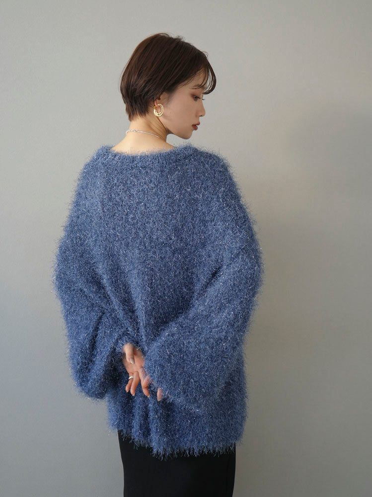 予約]ソフトラメシャギークルーネックオーバーニットプルオーバー