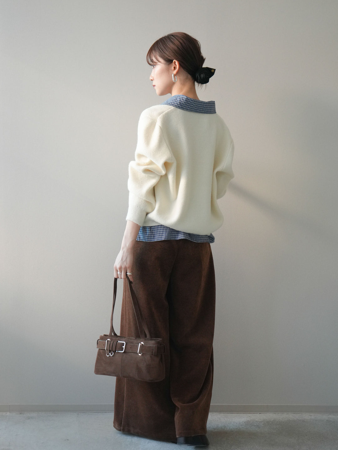 [SET]チェックシャツ襟ニットカーディガン+ベルトデザインループコールテンワイドパンツ(ベルト付き)(2set)