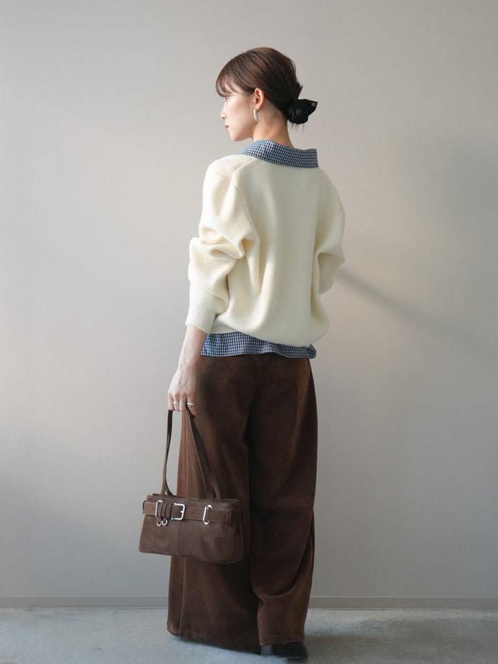[SET]チェックシャツ襟ニットカーディガン+ベルトデザインループコールテンワイドパンツ(ベルト付き)(2set)