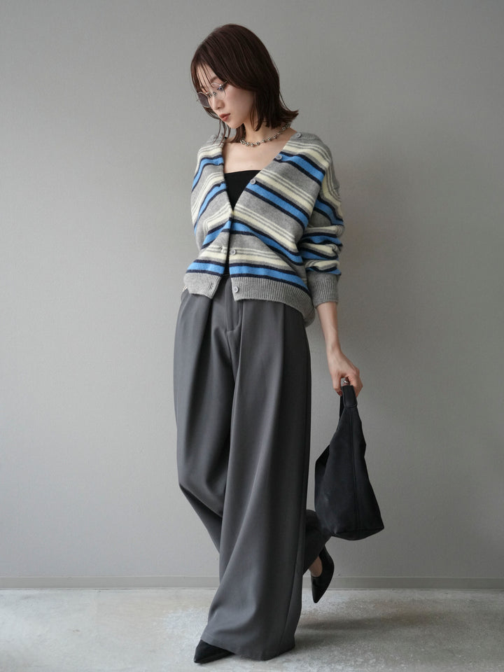 [SET]マルチボーダーニットカーディガン+ベルトループデザインワイドパンツ(2set)