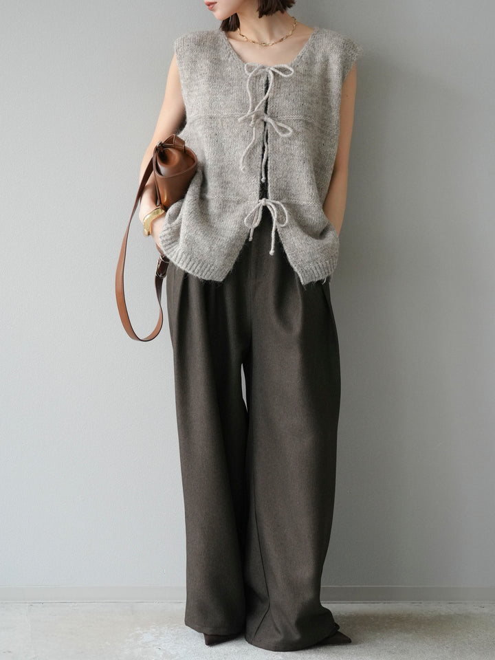 [予約]レザーパイピングタックワイドパンツ/ブラウン