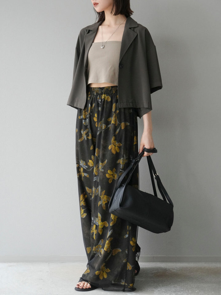 [SET]ハーフショートジャケット+フラワープリントチュールレイヤードパンツ(2set)