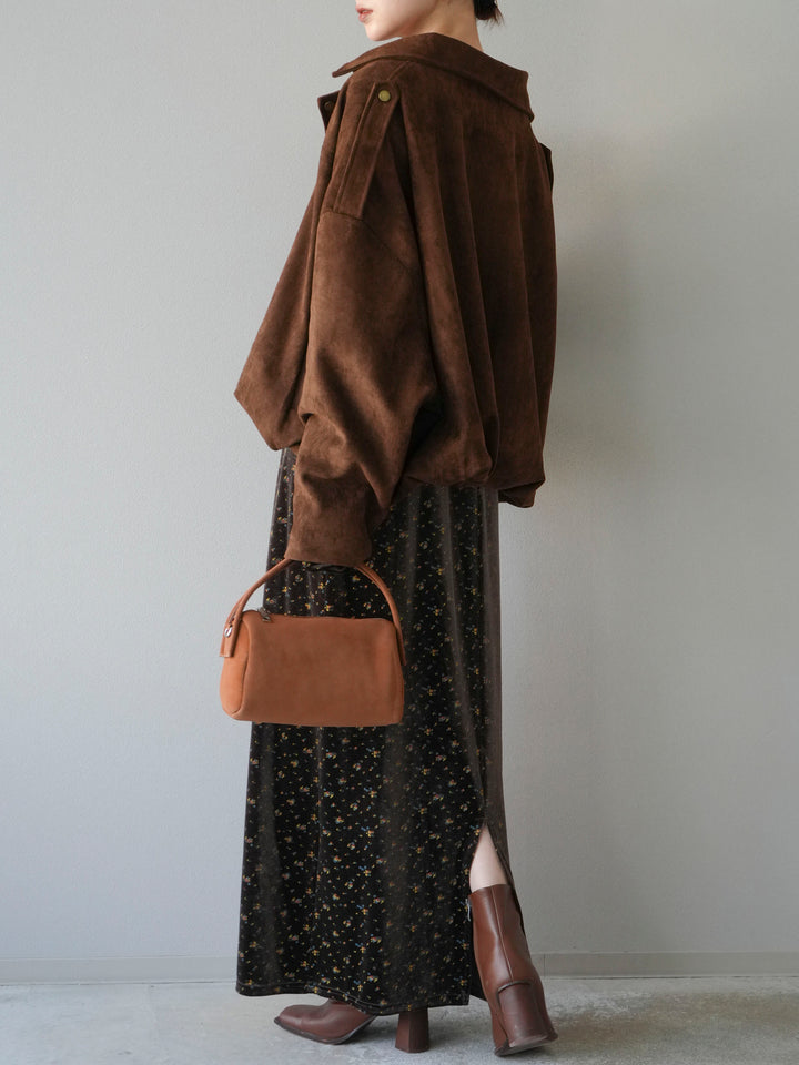 [予約]ベロアフラワープリントIラインスカート/ブラウンxイエロー